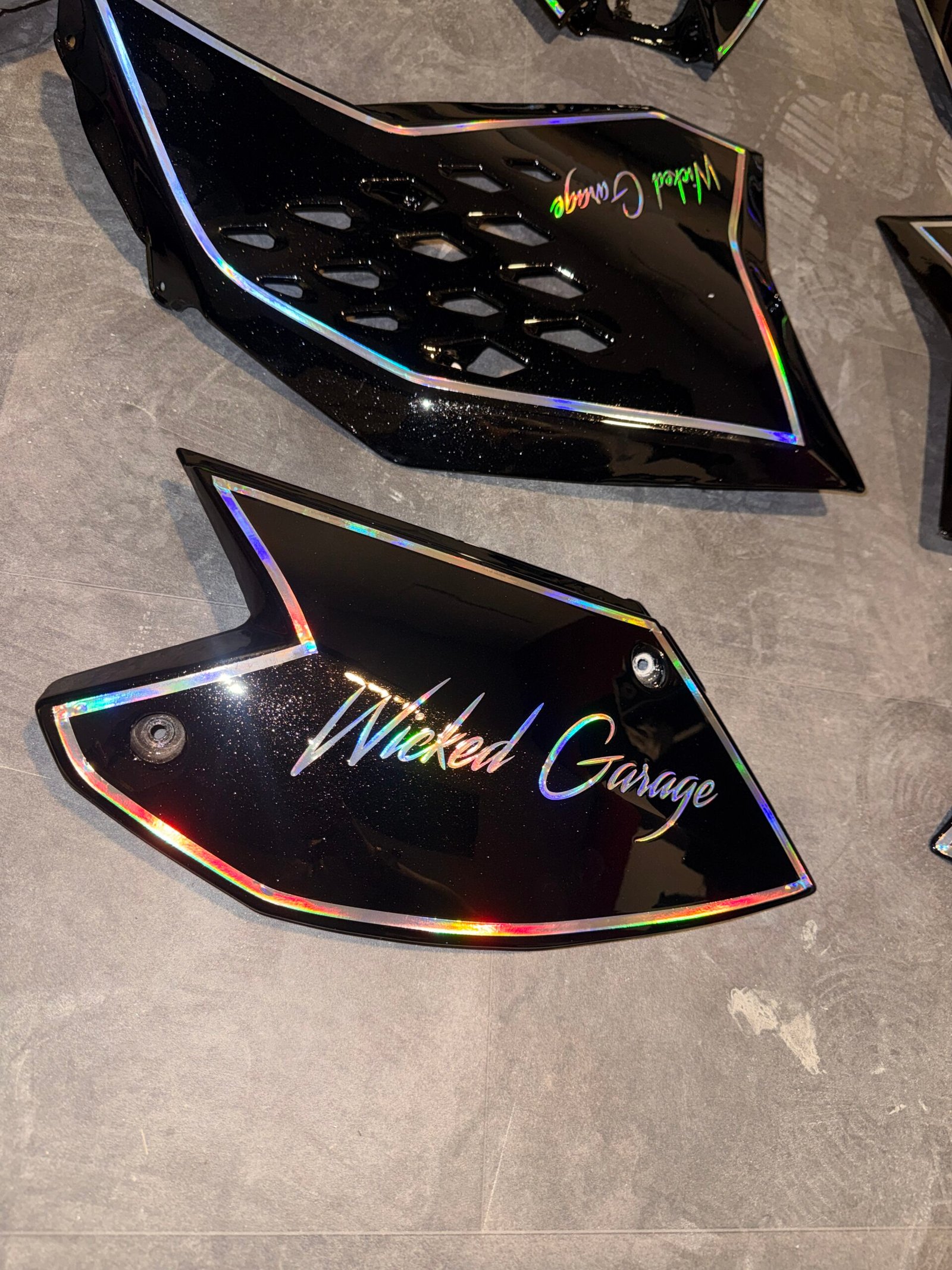 Custom painted panel with Wicked Garage lettering and holographic paint – Wicked Street Customs